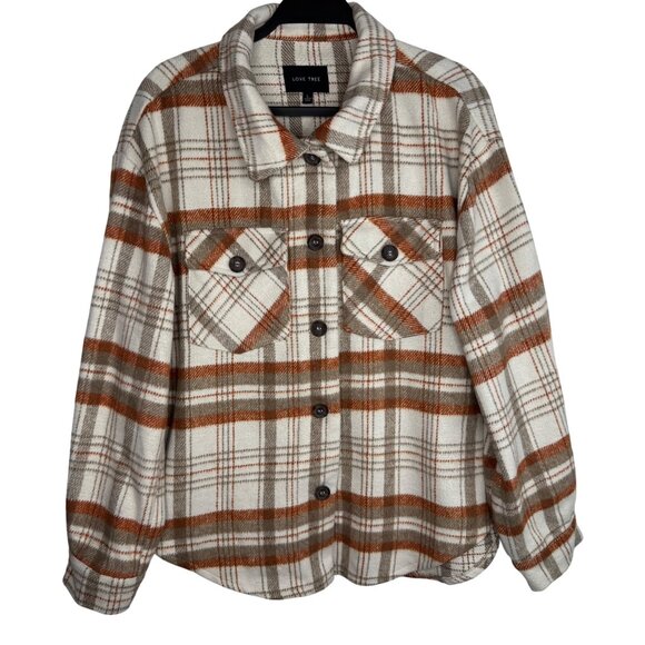 Love Tree Oversized Cozy Beige Orange Plaid Button-Up Shacket Jacket Sz L Gorpco - Picture 1 of 9
